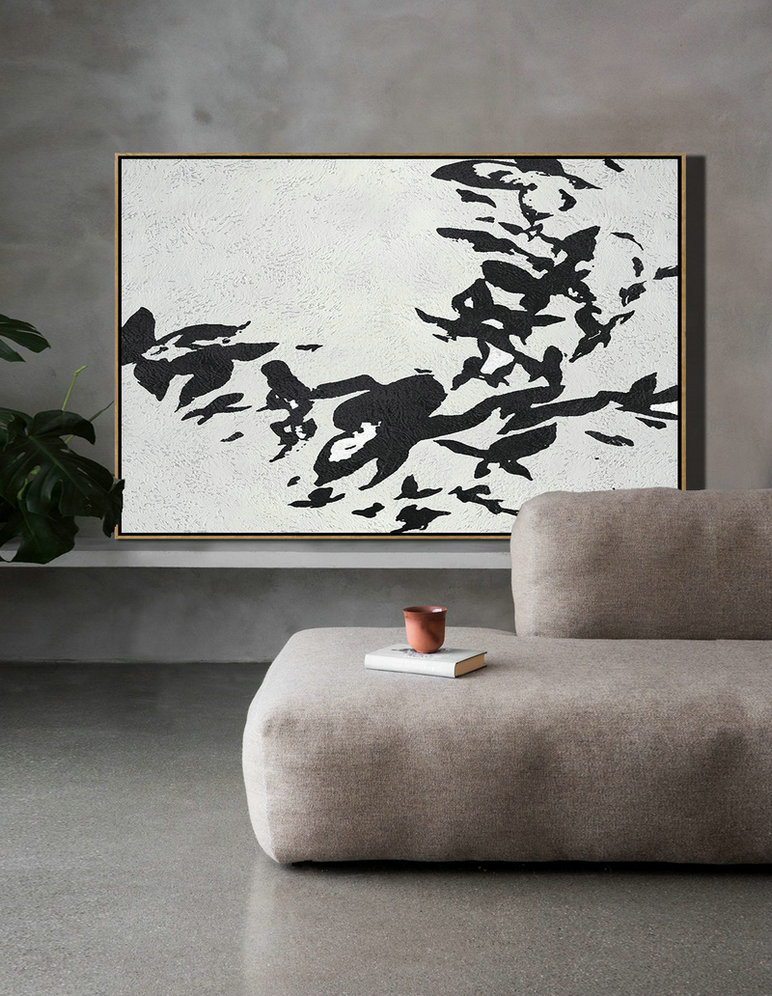 Hand Painted Acrylic Painting,Oversized Horizontal Minimal Art On Canvas, Black And White Minimalist Painting - Huge Abstract Canvas Art
